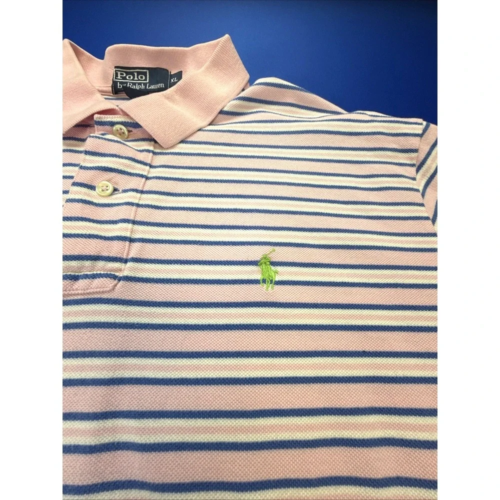Polo Ralph Lauren Polo Shirt Men's XL Pink Blue Cotton Striped Knit Short Sleeve